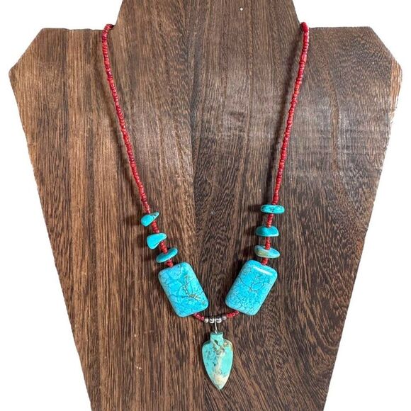 Handcrafted Faux Turquoise & Red Coral Beaded Necklace Arrowhead Pendant 21” - Picture 1 of 6